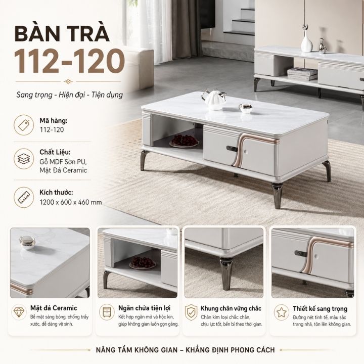 Bàn Trà Cao Cấp BSF112-12 Khung Gỗ MDF Sơn PU Có Hộc Kéo