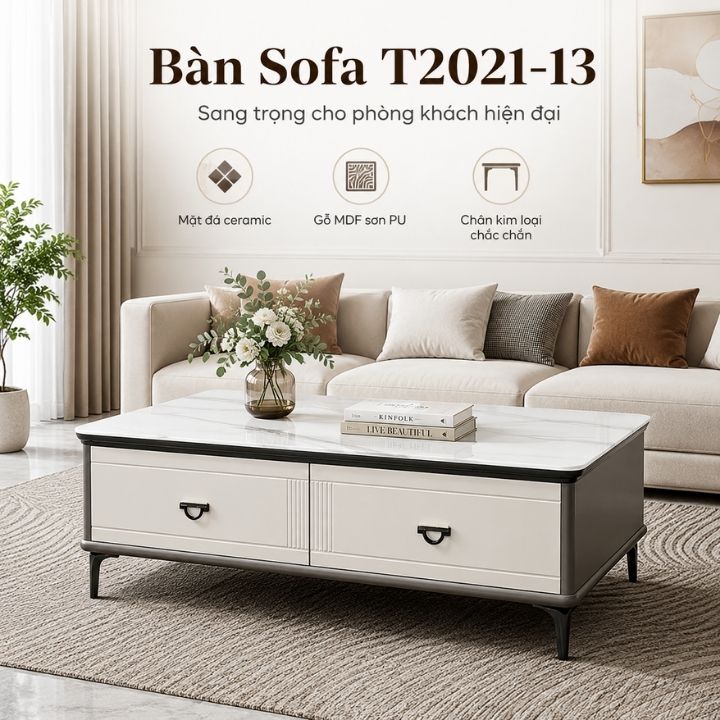 Bàn Sofa T2021-13 Mặt Đá Ceramic 1300mm Thiết Kế Thanh Lịch
