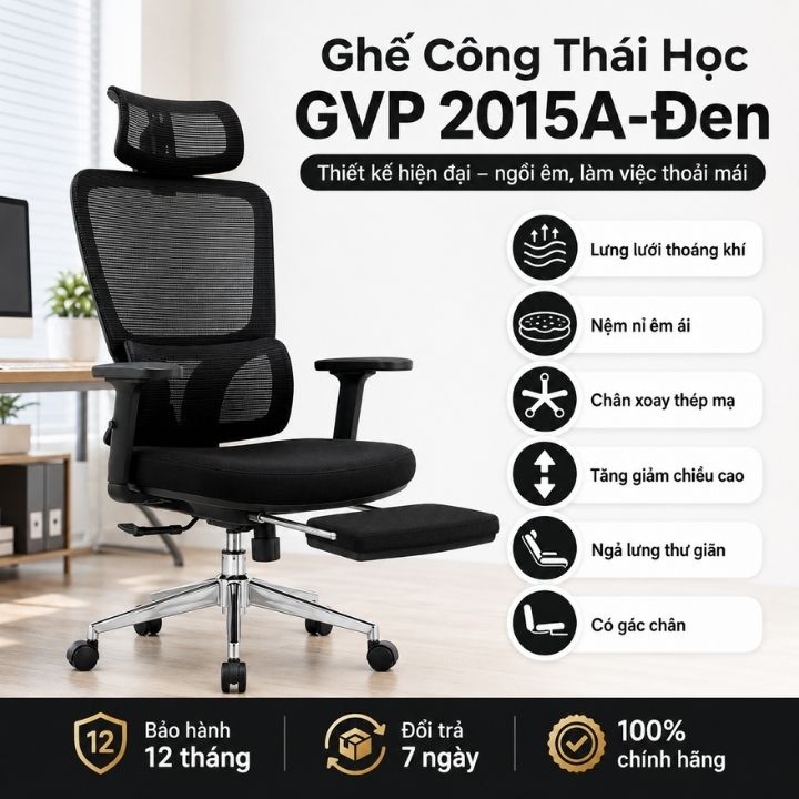 Ghế Công Thái Học GVP 2015A-Đen Lưng Lưới, Ngả Lưng Kèm Gác Chân