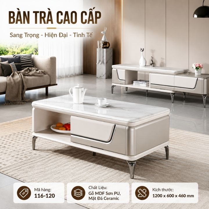 Bàn Trà Phòng Khách Mặt Đá Ceramic BSF116 Màu Trắng-Xám Thanh Lịch