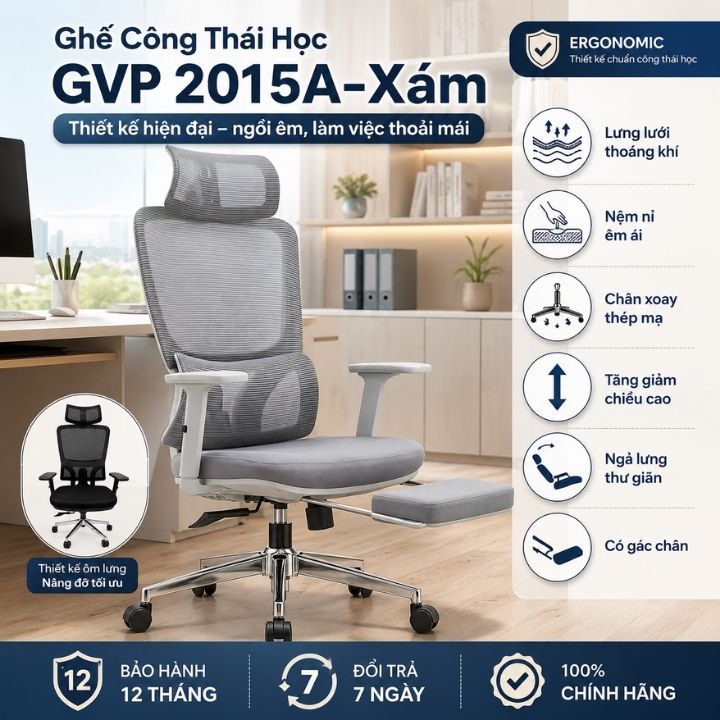 Ghế Công Thái Học GVP 2015A-Xám Lưng Lưới, Ngả Lưng Kèm Gác Chân