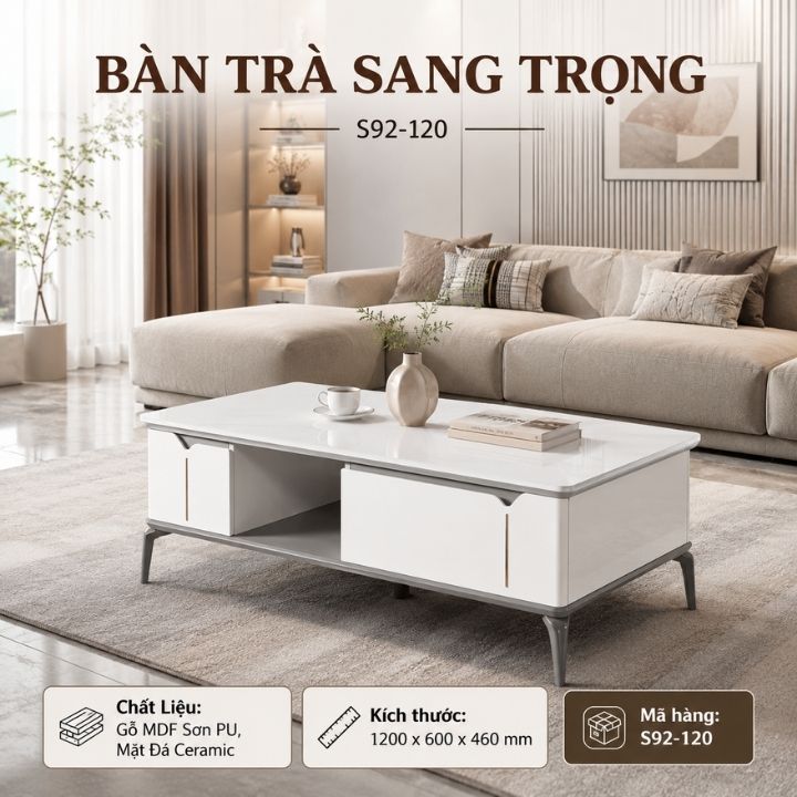 Bàn Trà  Mặt Đá Ceramic S92-12 Dễ Vệ Sinh Khung Gỗ MDF Sơn PU