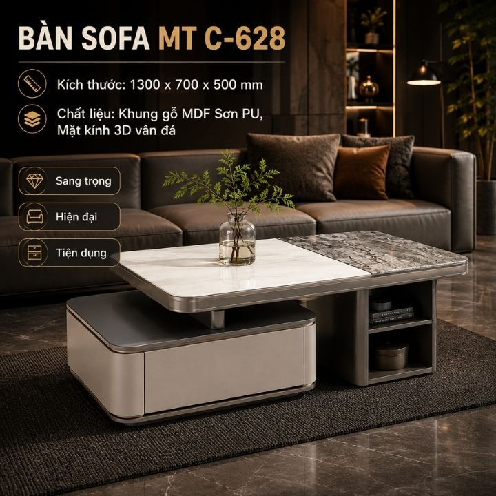 Bàn Sofa Phòng Khách MT C-628 Mặt Kính 3D Vân Đá, Ngăn Kéo Và Kệ Mở Tiện Dụng