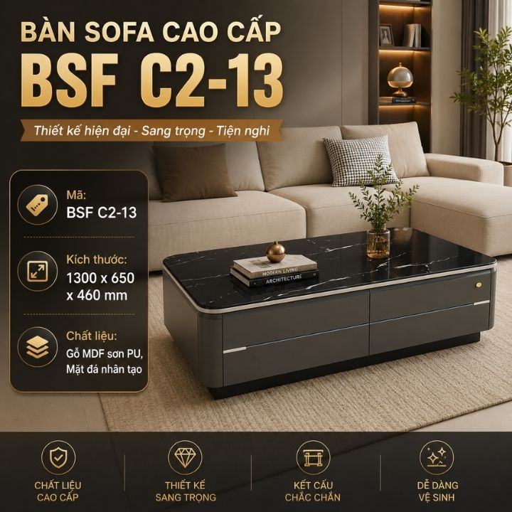 Bàn Sofa Cao Cấp BSF C2-13 Mặt Đá Nhân Tạo Gỗ MDF Sơn PU
