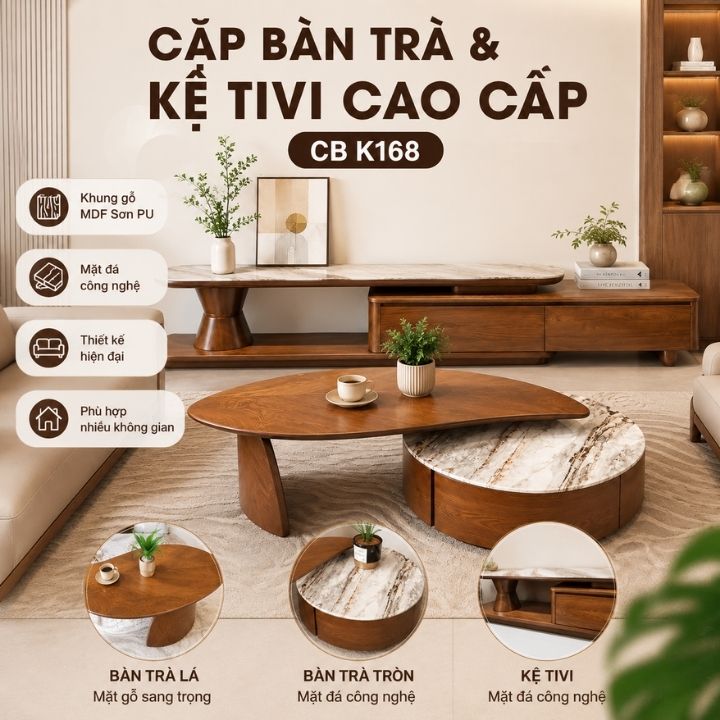 Bộ Bàn Trà & Kệ Tivi Hiện Đại CB K168 - Khung Gỗ MDF Sơn PU, Mặt Đá Công Nghệ