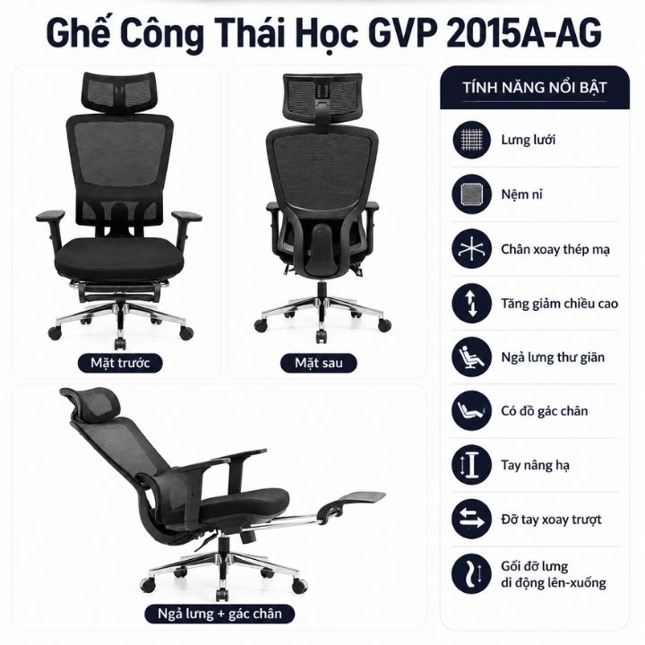 Ghế Công Thái Học GVP2015A-AG Ghế Xoay Lưng Lưới Có Gác Chân, Tay Nâng Hạ