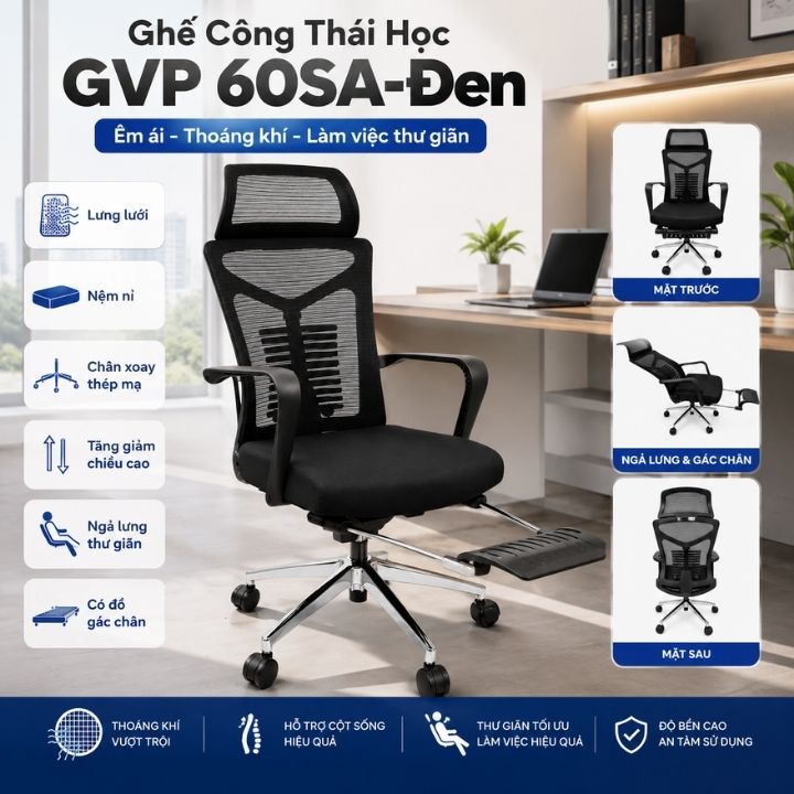 Ghế Làm Việc GVP60SA-Đen Lưng Lưới Thoáng Khí, Nệm Nỉ Êm Kèm Gác Chân Thư Giãn