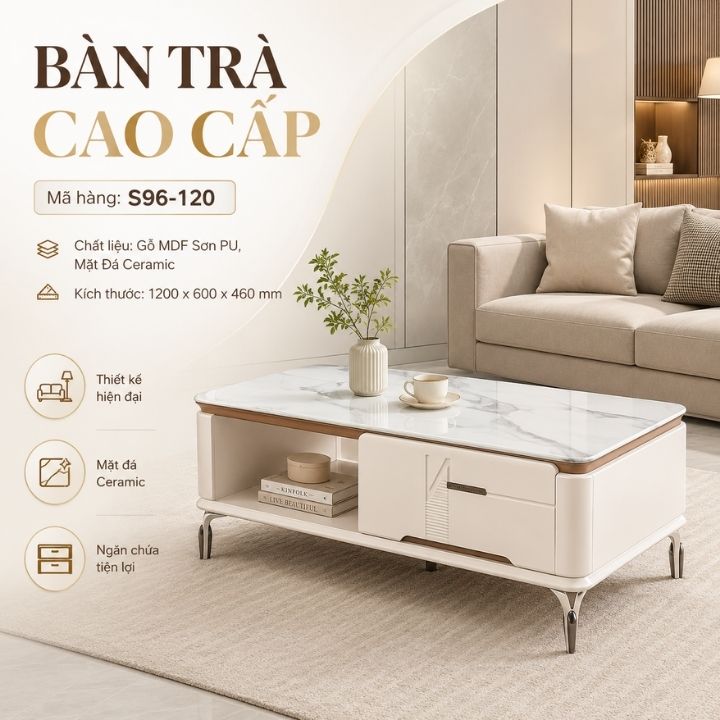 Bàn Trà Mặt Đá Ceramic Cao Cấp S96-120 Cho Chung Cư Và Nhà Phố