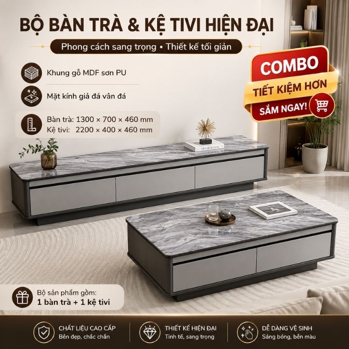 Bộ Bàn Trà & Kệ Tivi Hiện Đại CB6802 – Khung Gỗ MDF Sơn PU, Mặt Kính Giả Đá Vân Đá