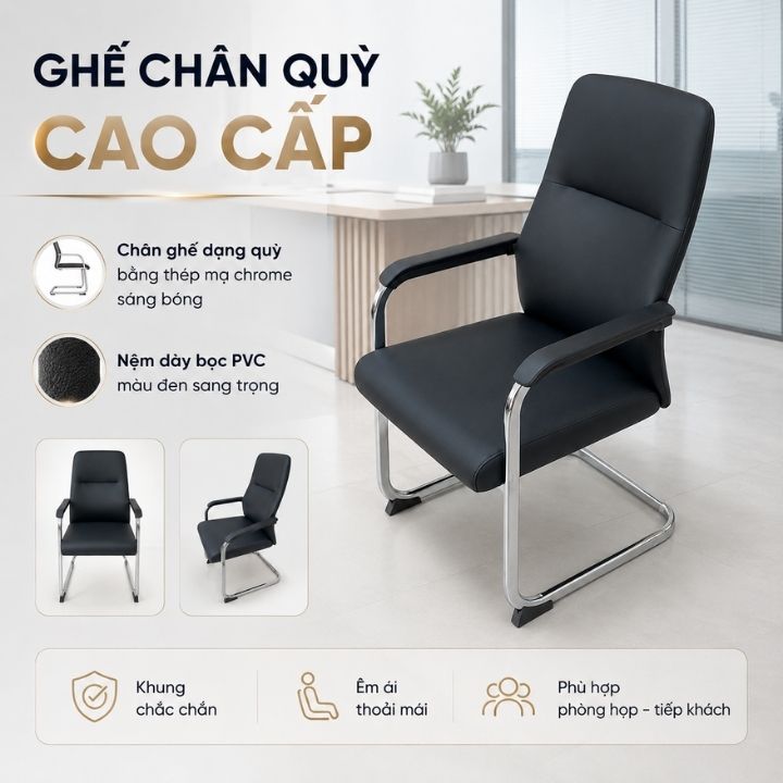 Ghế Chân Quỳ Văn Phòng GCQ1088C Cao Cấp Bọc PVC – Khung Thép Mạ Chrome Đen/Xám