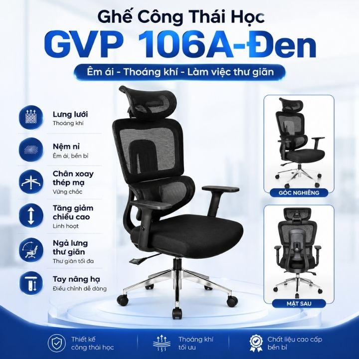 Ghế Xoay Lưới GVP106A-Đen Tựa Đầu Thoáng Khí, Tay Nâng Hạ Cho Góc Làm Việc