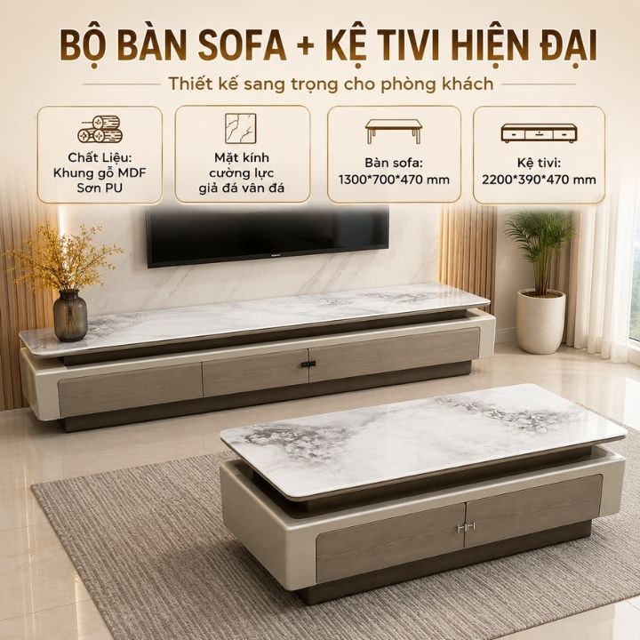 Combo Bàn Trà Kệ Tivi Phòng Khách CT188 Mặt Kính Vân Đá