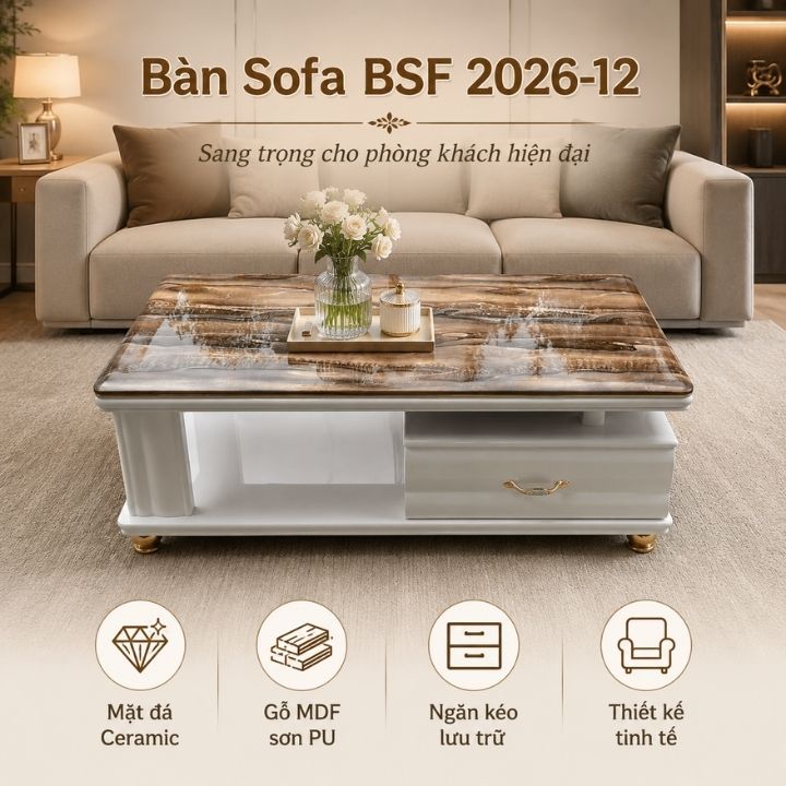 Bàn Sofa Cao Cấp BSF2026-12 Mặt Đá Nhân Tạo Vân Đá Nổi Bật