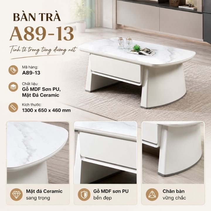 Bàn Trà Mặt Đá Ceramic  A89-13 Hiện Đại Khung Gỗ MDF Sơn PU