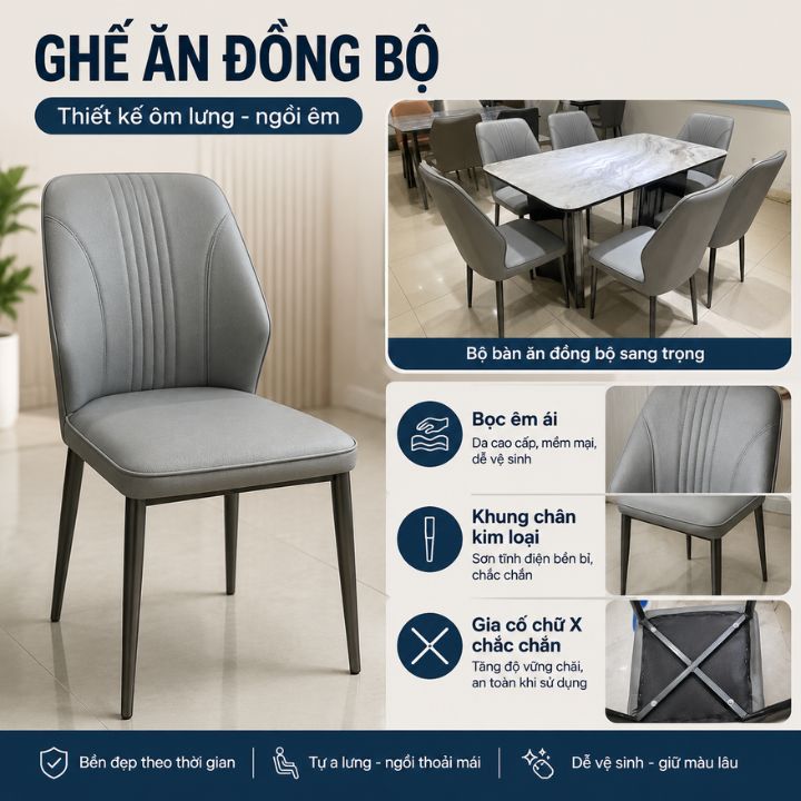 Bộ Bàn Ăn Hiện Đại BBAA9026 Mặt Kính 3D Vân Đá, 1 Bàn Kèm 6 Ghế Bọc Da PU - Ảnh 2