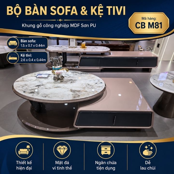 Bộ Bàn Sofa & Kệ Tivi CB M81 Hiện Đại – Mặt Đá Vi Tinh Thể Sang Trọng, Khung Gỗ MDF Sơn PU