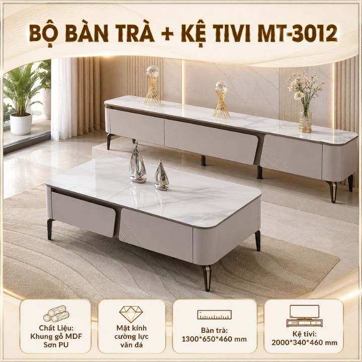 Set Nội Thất Phòng Khách MT-3012 Bàn Trà Kèm Kệ Tivi Mặt Kính Vân Đá