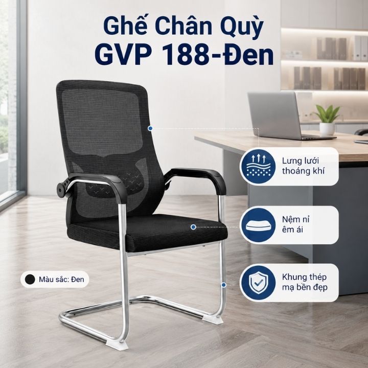 Ghế Tiếp Khách GVP188-Đen Lưng Lưới Thoáng Khí, Nệm Nỉ Êm Ái Chân Quỳ Thép Mạ