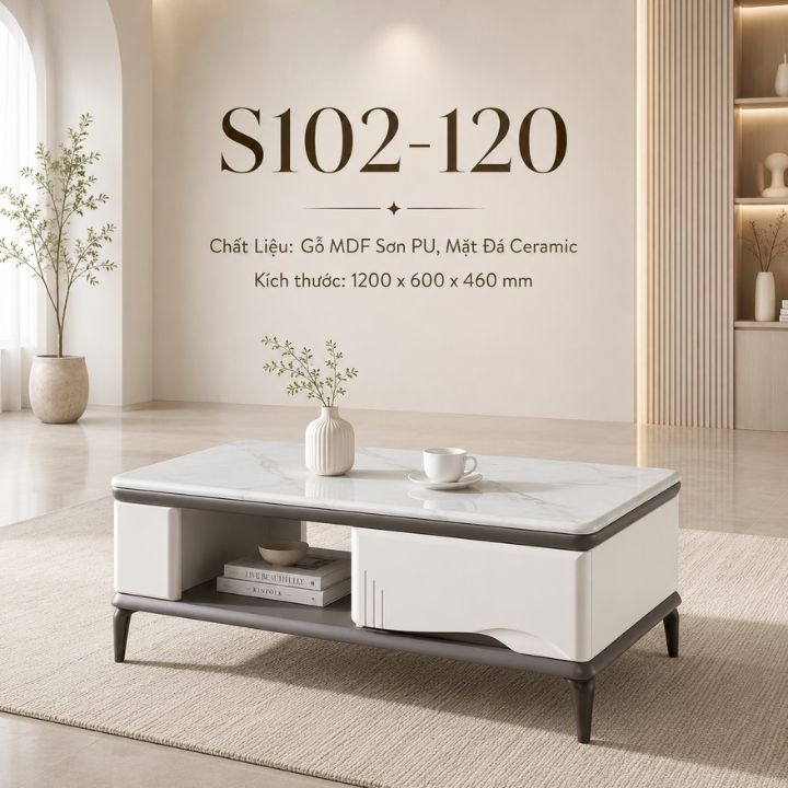 Bàn Sofa  Mặt Đá Ceramic S102-12 Khung Gỗ MDF Sơn PU Bền Chắc