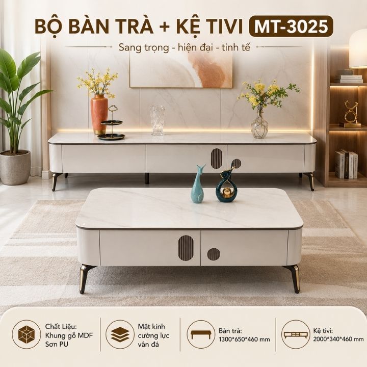 Bộ Nội Thất Phòng Khách MT-3025 Thanh Lịch Kèm Bàn Trà Và Kệ Tivi