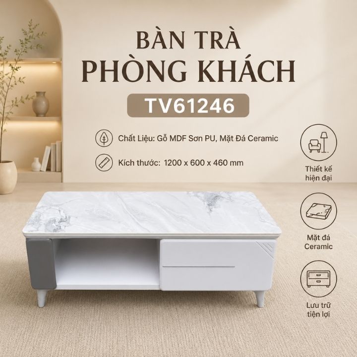 Bàn Trà Mặt Đá BSF61246-12 Kiểu Dáng Hiện Đại Có Hộc Kéo Tiện Dụng