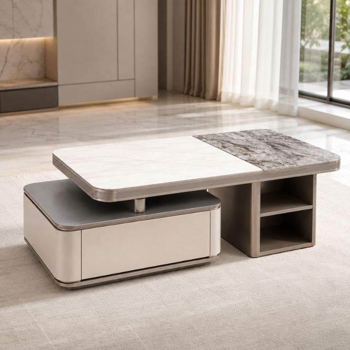 Bàn Sofa Phòng Khách MT C-628 Mặt Kính 3D Vân Đá, Ngăn Kéo Và Kệ Mở Tiện Dụng
