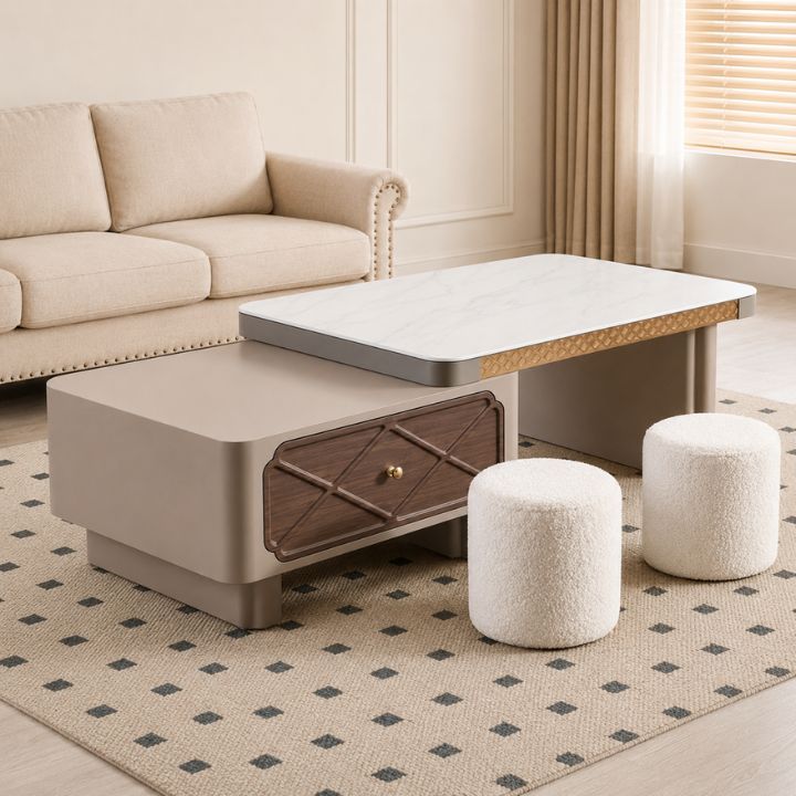 Bàn Trà Hiện Đại MT C-839 Mặt Kính 3D Vân Đá, Khung Gỗ MDF Sơn PU
