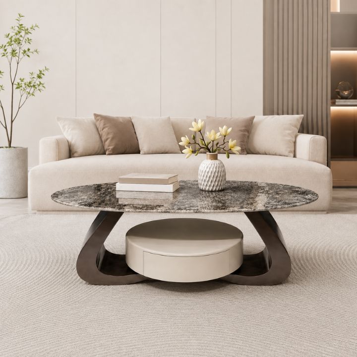 Bàn Trà Mặt Đá Chống Xước BTR-MD01  130cm Khung Hợp Kim Mạ Titan Sang Trọng