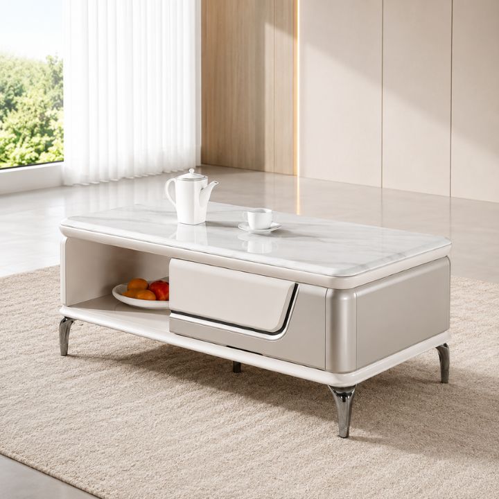 Bàn Trà Phòng Khách Mặt Đá Ceramic BSF116 Màu Trắng-Xám Thanh Lịch