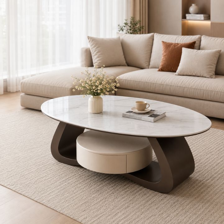 Bàn Trà Sang Trọng Mặt Đá Chống Xước, Khung Titan, Hộc Ngăn Kéo Tiện Lợi