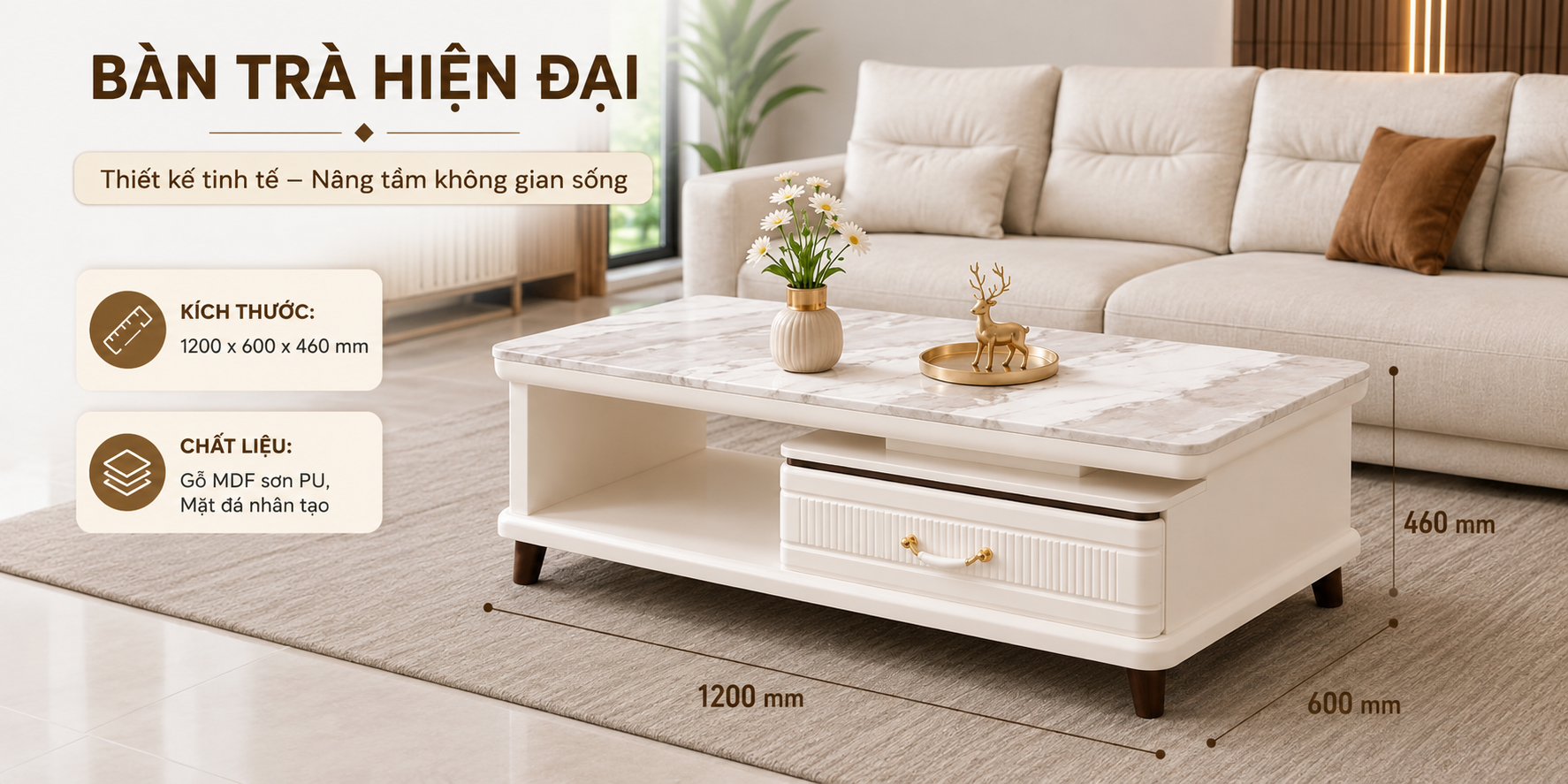 Bàn Trà Sang Trọng Mặt Đá Nhân Tạo T258-12 Cho Phòng Khách Cao Cấp - Ảnh 5