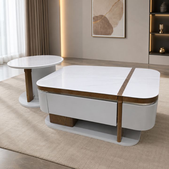 Bàn Trà + Kệ Góc MT A5638 Phong Cách Hiện Đại, Kính Cường Lực 3D Vân Đá Sang Trọng Cho Mọi Không Gian