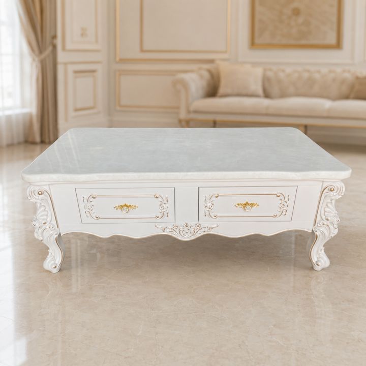 Bàn Trà Tân Cổ Điển Mặt Đá LNI-803-13 Phong Cách Hoàng Gia, 4 Hộc Kéo Tiện Lợi Sang Trọng