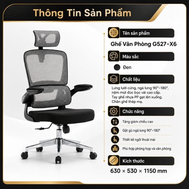 Ghế Văn Phòng Lưng Lưới GVP G527-X6 Ngả Lưng 135° - Ảnh 6