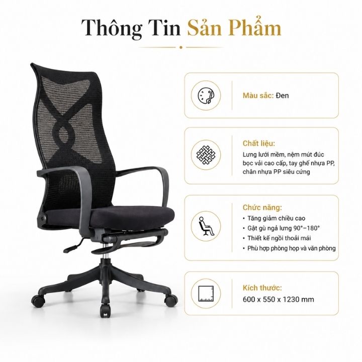 Ghế Lưới Văn Phòng GVP G528-D1 Công Thái Học Ngả Lưng 90–135° - Ảnh 5