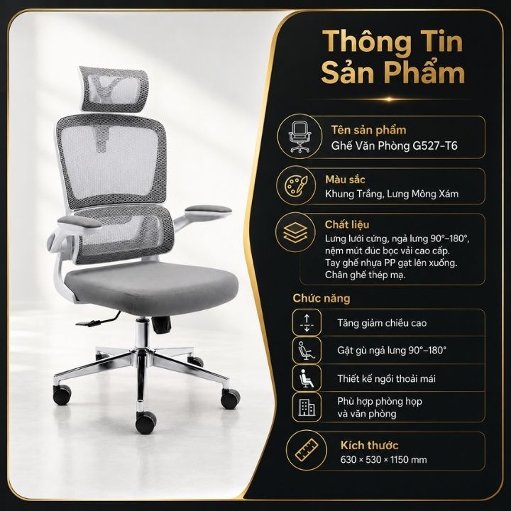 Ghế Văn Phòng Lưng Lưới GVP G527-T6 Công Thái Học Trắng Xám Cao Cấp - Ảnh 7