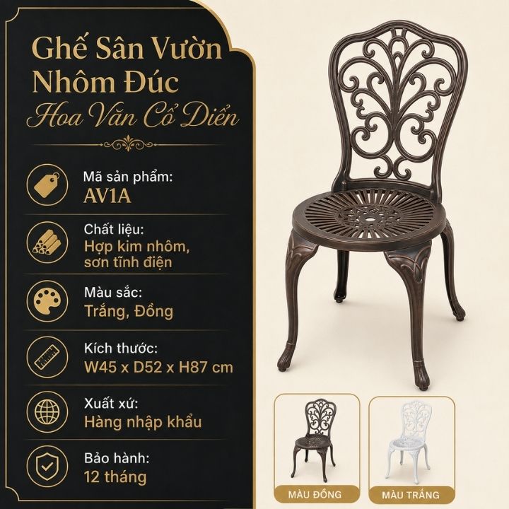 Ghế Ban Công Nhôm Đúc Hoa Văn Cổ Điển AV1A - Ảnh 8