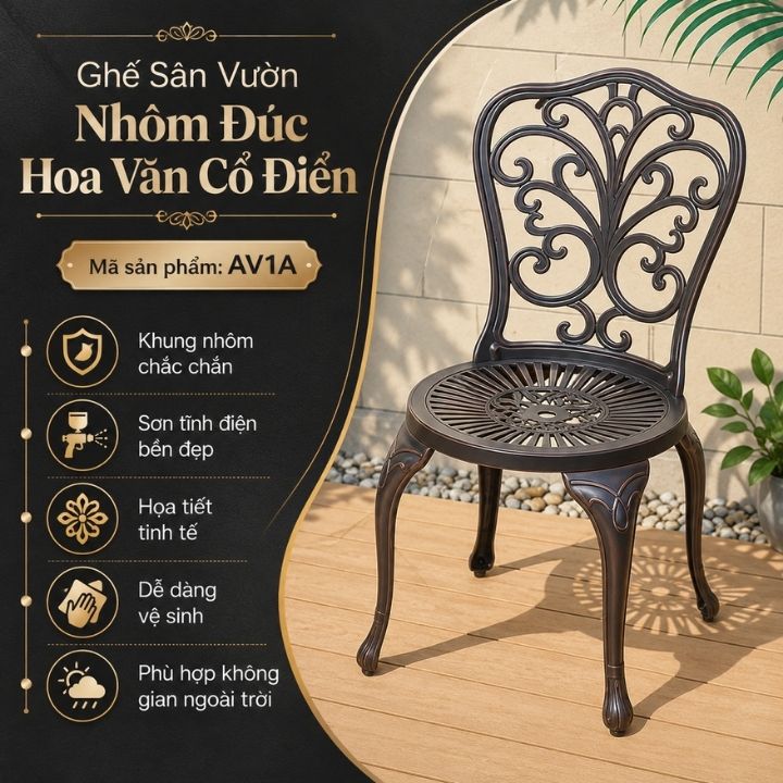 Ghế Ban Công Nhôm Đúc Hoa Văn Cổ Điển AV1A - Ảnh 9