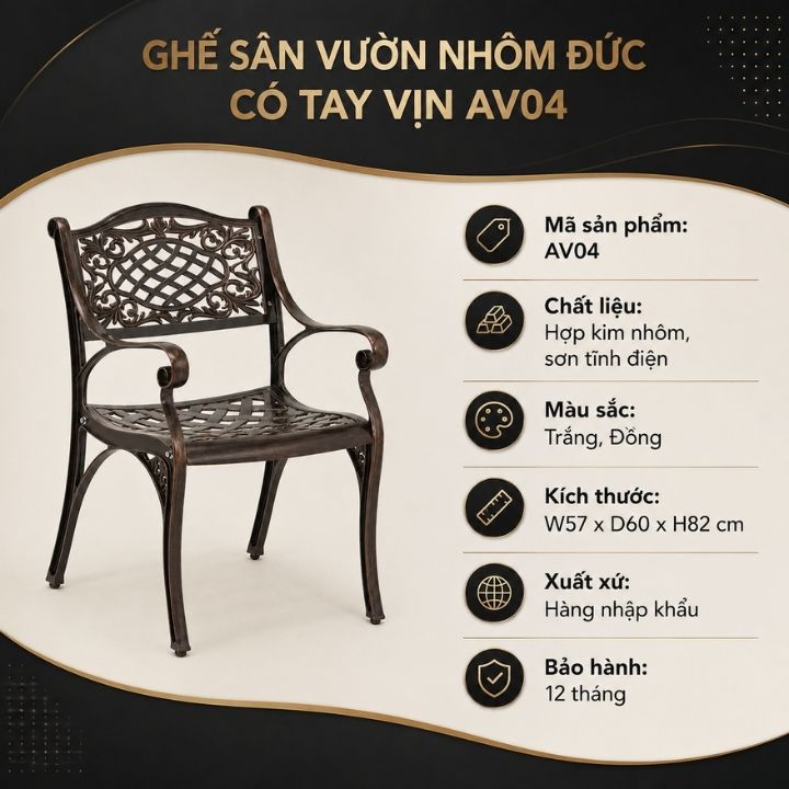Ghế Sân Thượng Nhôm Đúc Mặt Lưới Có Tay Vịn AV4 - Ảnh 8