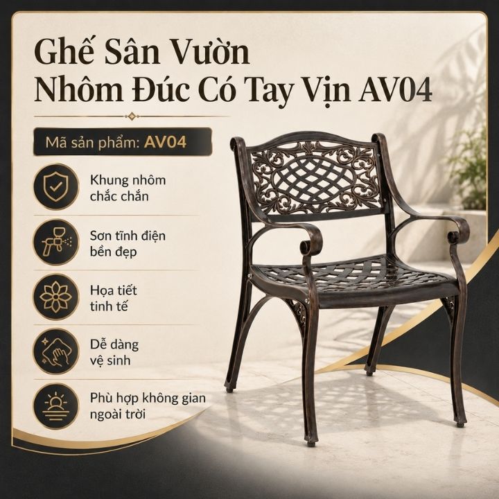 Ghế Sân Thượng Nhôm Đúc Mặt Lưới Có Tay Vịn AV4 - Ảnh 9
