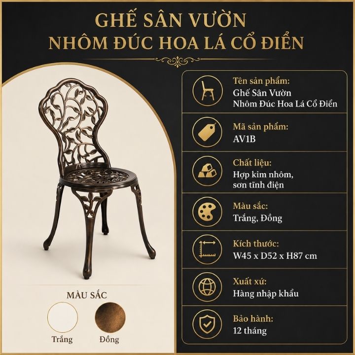 Ghế Ngoài Trời Nhôm Đúc Hoa Lá Cổ Điển AV1B - Ảnh 8