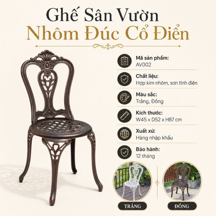 Ghế Nhôm Đúc Ngoài Trời Lưng Cao Cổ Điển AV002 - Ảnh 8