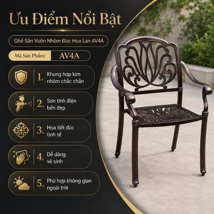 Ghế Sân Vườn Nhôm Đúc Hoa Lan Có Tay Vịn AV4A - Ảnh 9